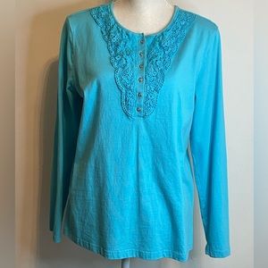 👚 Back In The Saddle Turquoise Lace Henley Top.  100% Cotton. 👚